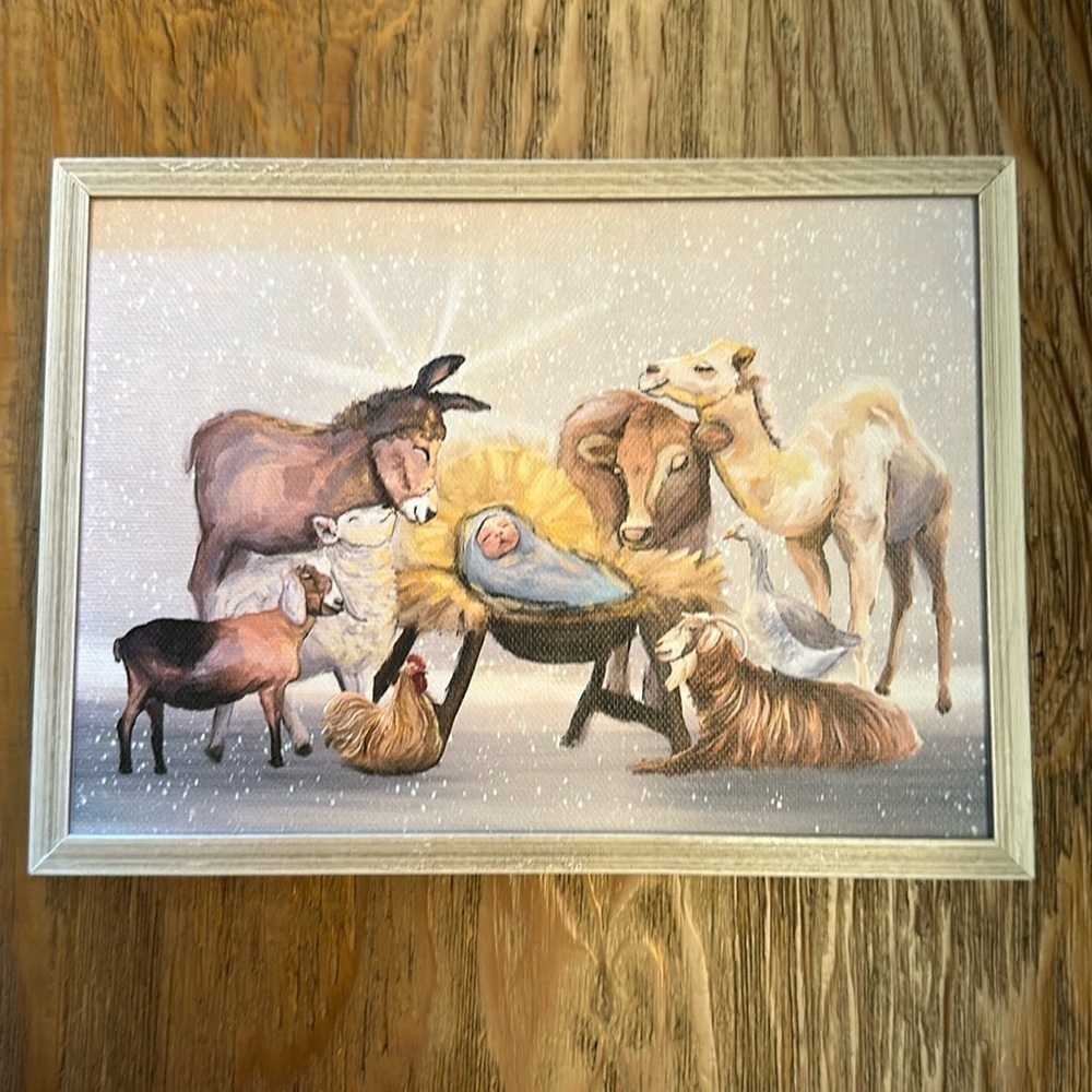 Green box are nativity scene framed print farm animals